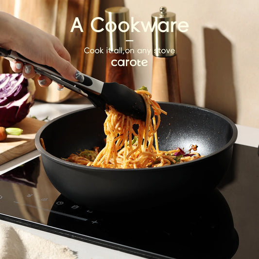 Carote 18 Pcs Nonstick Cookware Sets, Non Stick Pots and Pans with Removable Handle, Black