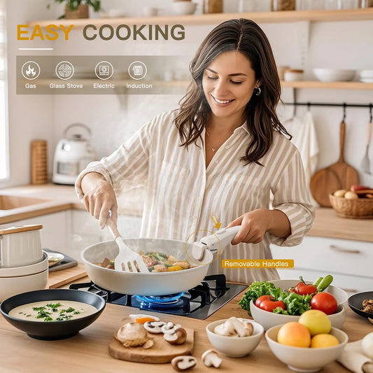 Astercook 22 Piece Ceramic Pots and Pans Set Non Stick, Cookware Set with Detachable Handles, Oven Safe, Induction Ready, Stackable RV Kitchen Cooking Set, Cream White