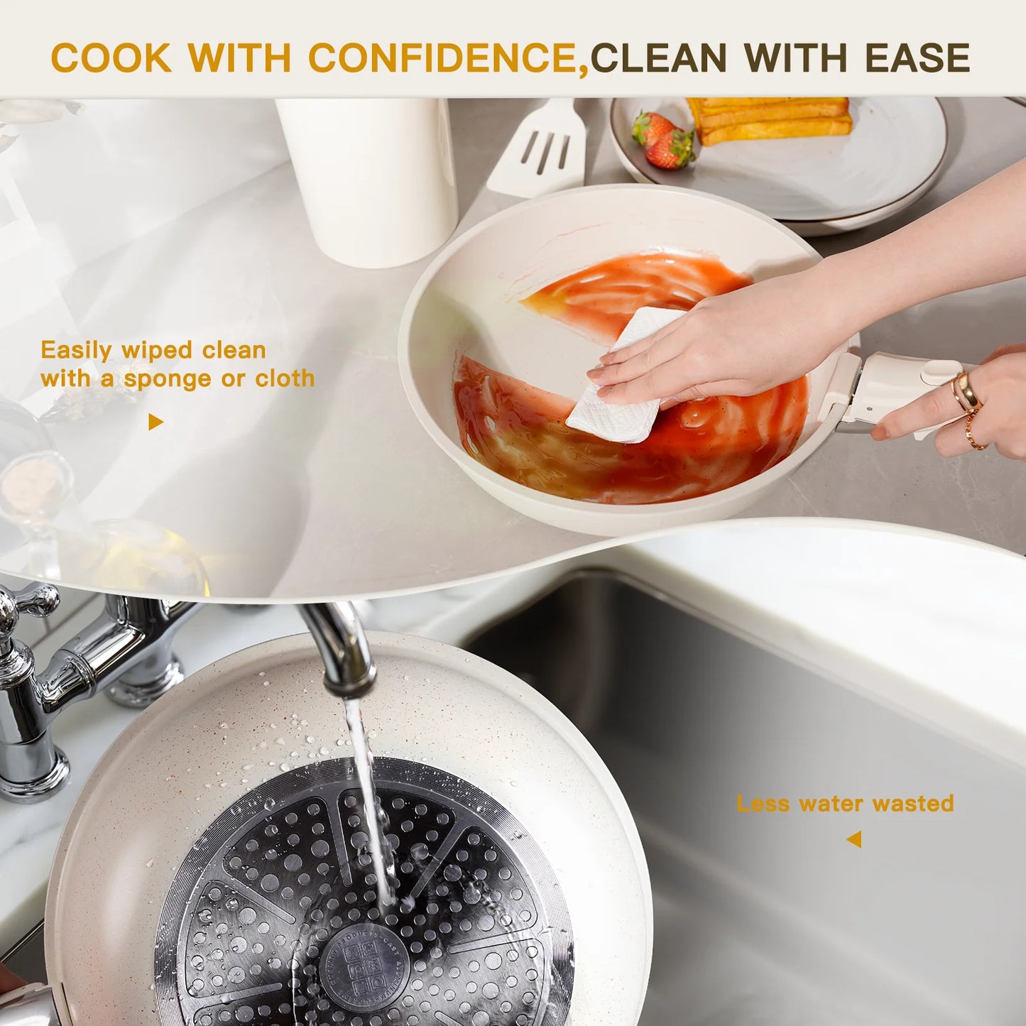 Astercook 22 Piece Ceramic Pots and Pans Set Non Stick, Cookware Set with Detachable Handles, Oven Safe, Induction Ready, Stackable RV Kitchen Cooking Set, Cream White