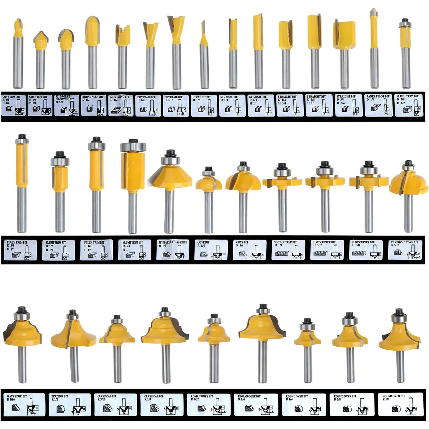 HSEAMALL 35PCS Router Bits Set,6.35mm 1/4 inch Shank TCT Tungsten Carbide Tipped Router Bit Set,Woodwooking Router Cutters