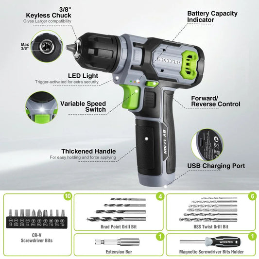 WORKPRO 43PCS Cordless Lithium-ion Drill Driver and Toolbox, 8V 2.0 Ah Power Drill Set with Household Hand Tool Kit, Battery Powered Screwdriver with Stackable Tool Box, Home Tool Set for Repair, DIY