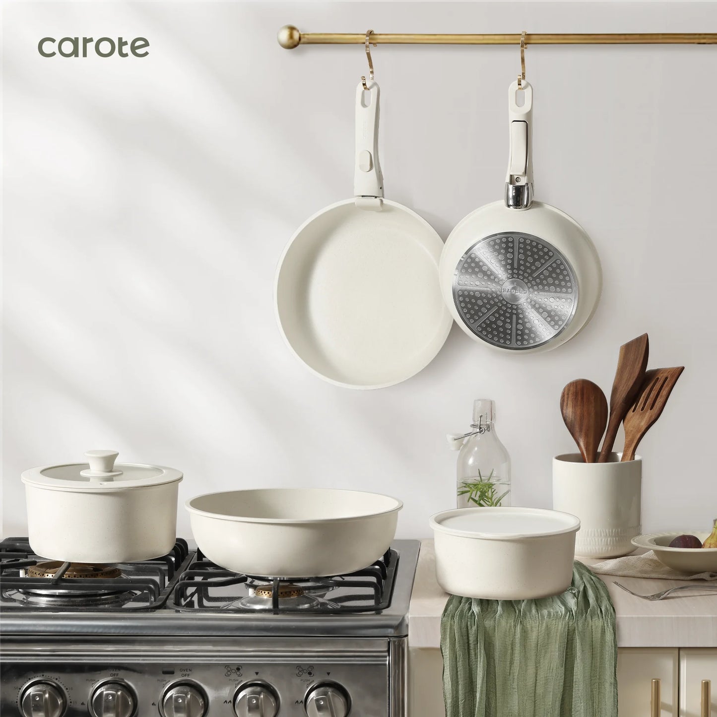 Carote 22Pcs Nonstick Pots and Pans with Detachable Handle, Kitchen Cookware Sets Non Stick, White