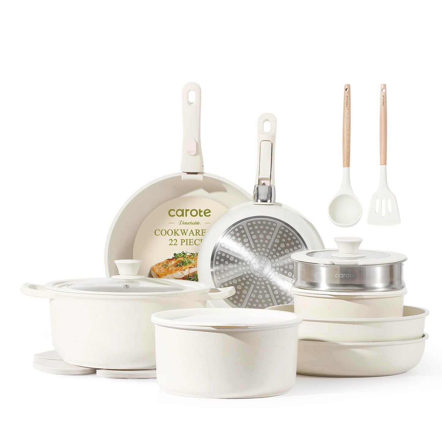 Carote 22Pcs Nonstick Pots and Pans with Detachable Handle, Kitchen Cookware Sets Non Stick, White