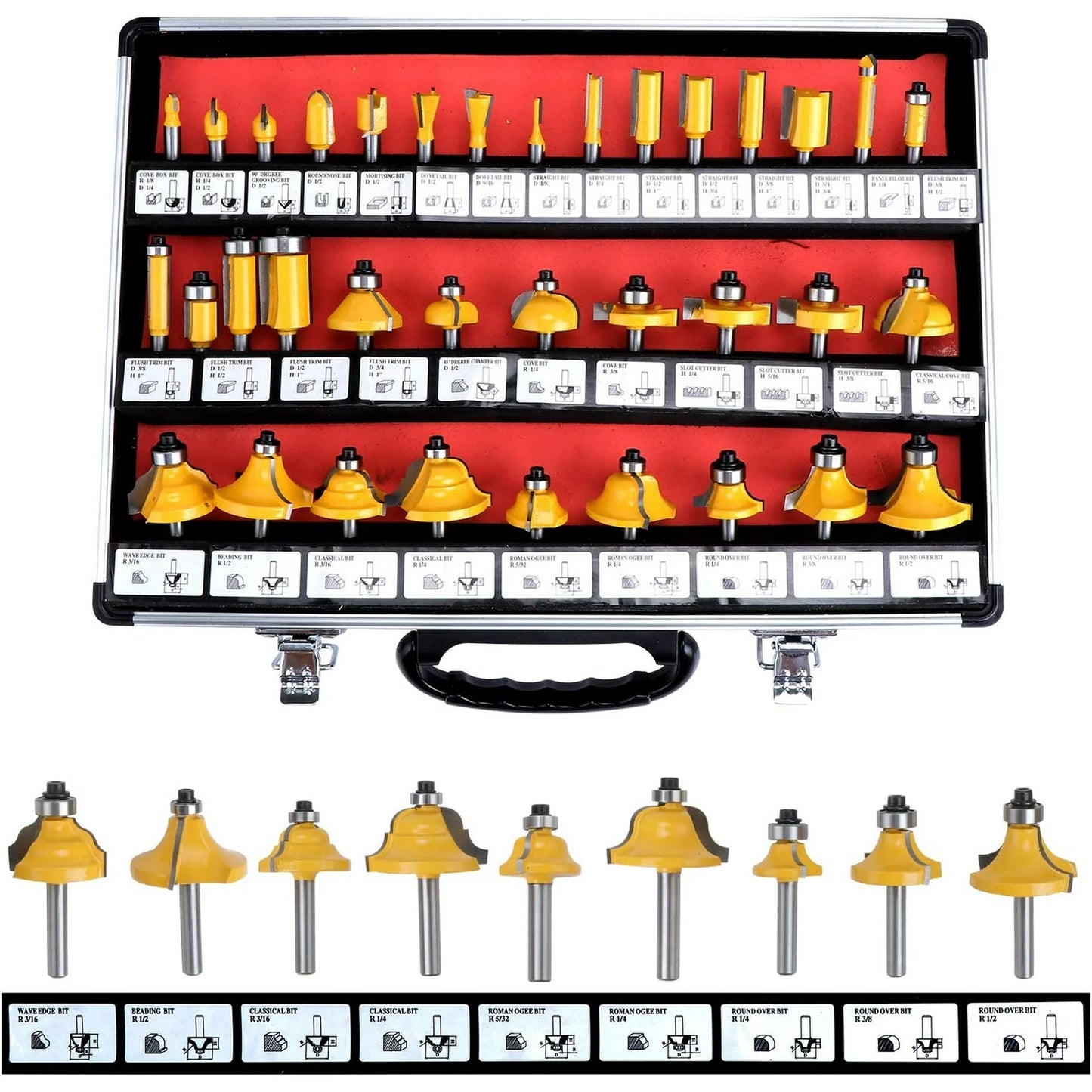 HSEAMALL 35PCS Router Bits Set,6.35mm 1/4 inch Shank TCT Tungsten Carbide Tipped Router Bit Set,Woodwooking Router Cutters