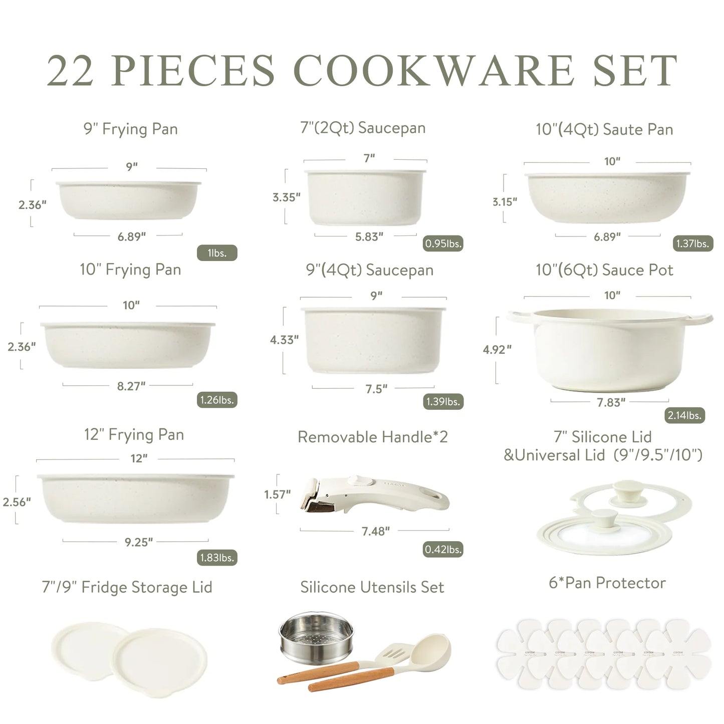 Carote 22Pcs Nonstick Pots and Pans with Detachable Handle, Kitchen Cookware Sets Non Stick, White