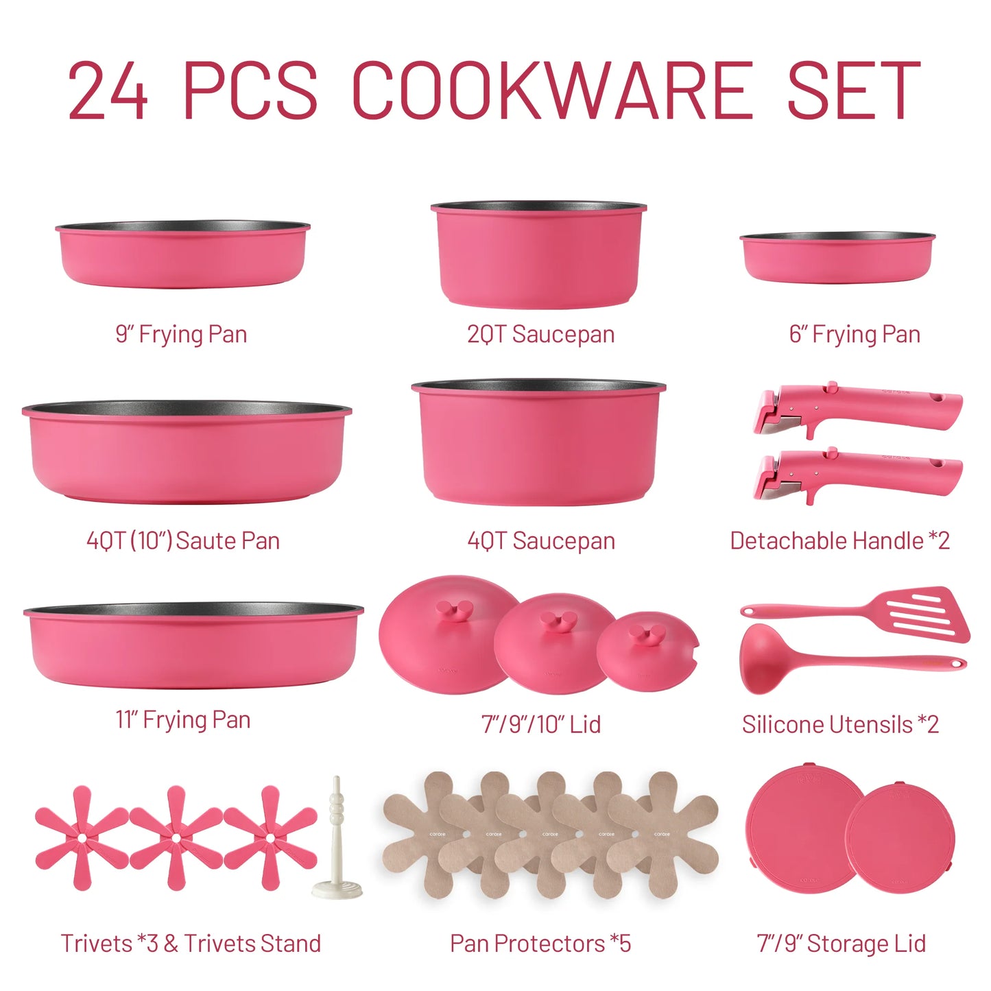 Carote 24Pcs Nonstick Pink Cookware Sets W/ Die-Cast Lid, Detachable Pots and Pans Set Non Stick