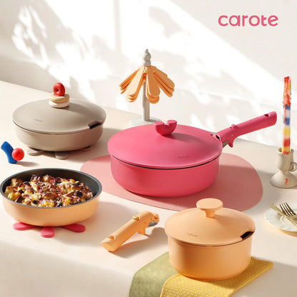Carote 24Pcs Nonstick Pink Cookware Sets W/ Die-Cast Lid, Detachable Pots and Pans Set Non Stick