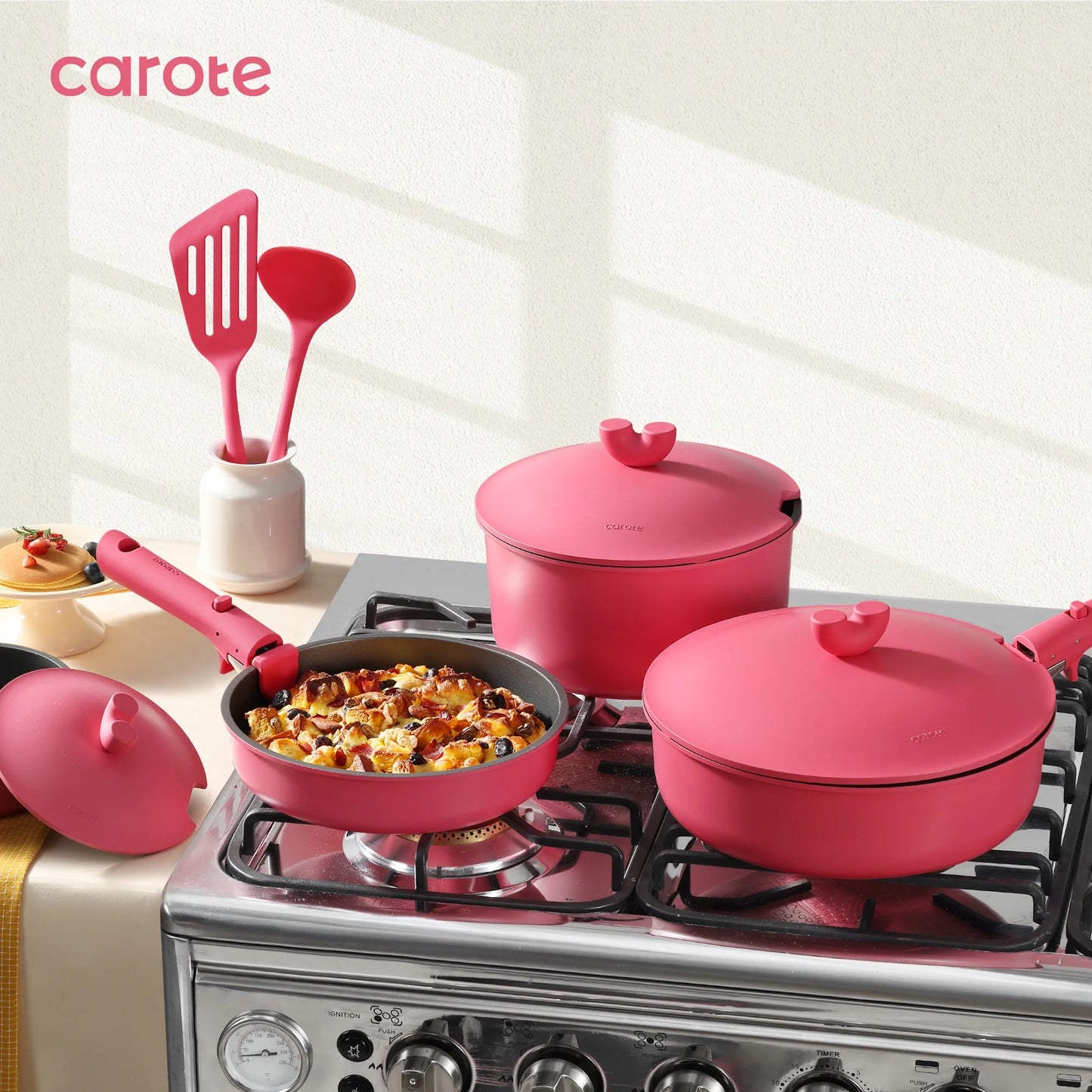 Carote 24Pcs Nonstick Pink Cookware Sets W/ Die-Cast Lid, Detachable Pots and Pans Set Non Stick