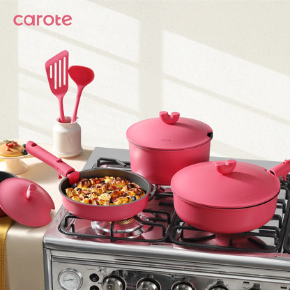 Carote 24Pcs Nonstick Pink Cookware Sets W/ Die-Cast Lid, Detachable Pots and Pans Set Non Stick