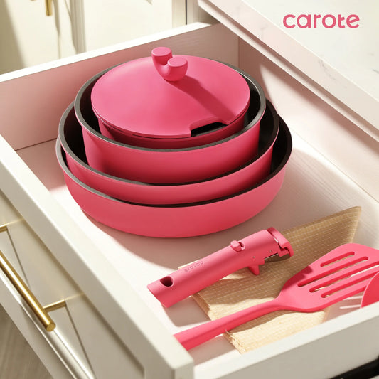 Carote 24Pcs Nonstick Pink Cookware Sets W/ Die-Cast Lid, Detachable Pots and Pans Set Non Stick