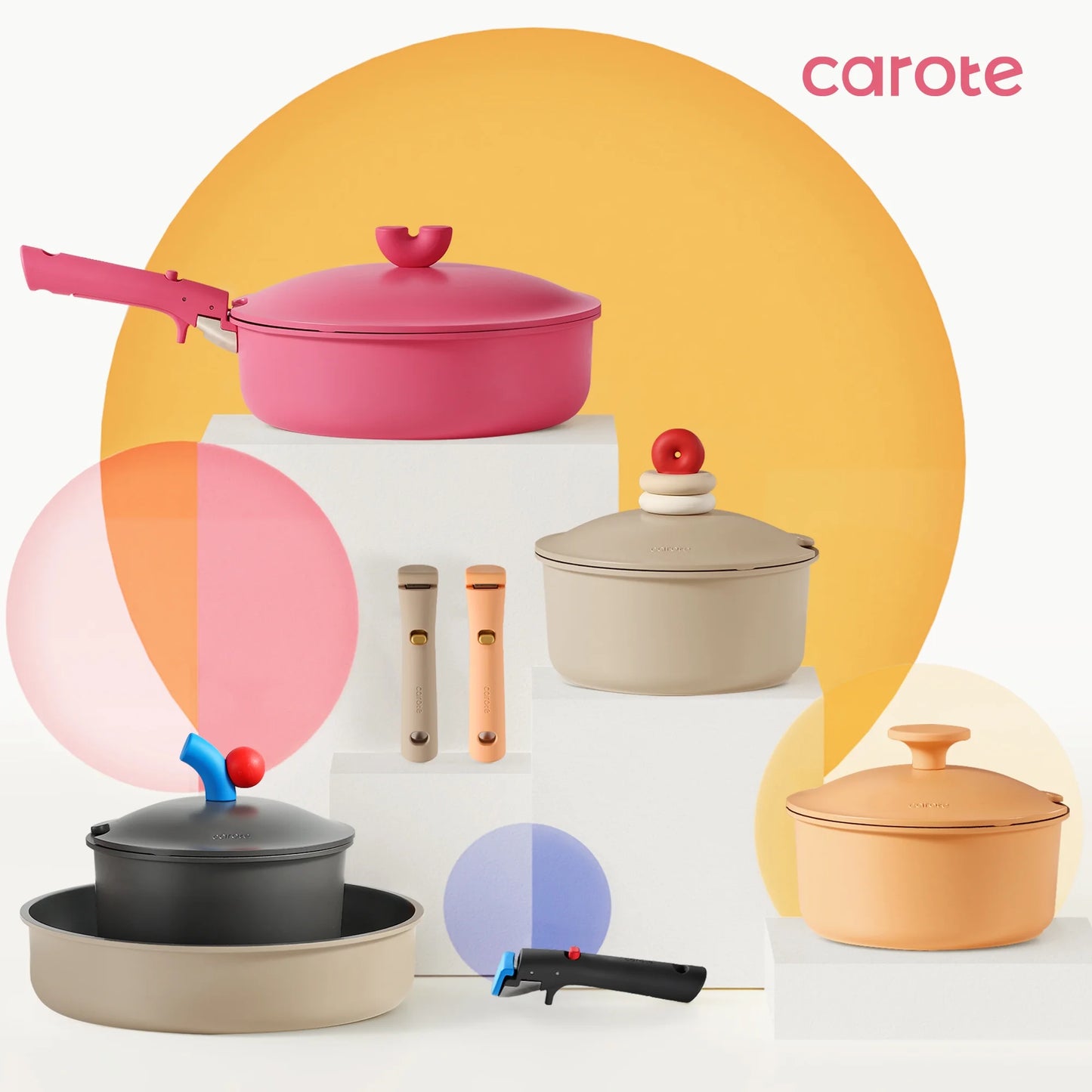 Carote 24Pcs Nonstick Pink Cookware Sets W/ Die-Cast Lid, Detachable Pots and Pans Set Non Stick