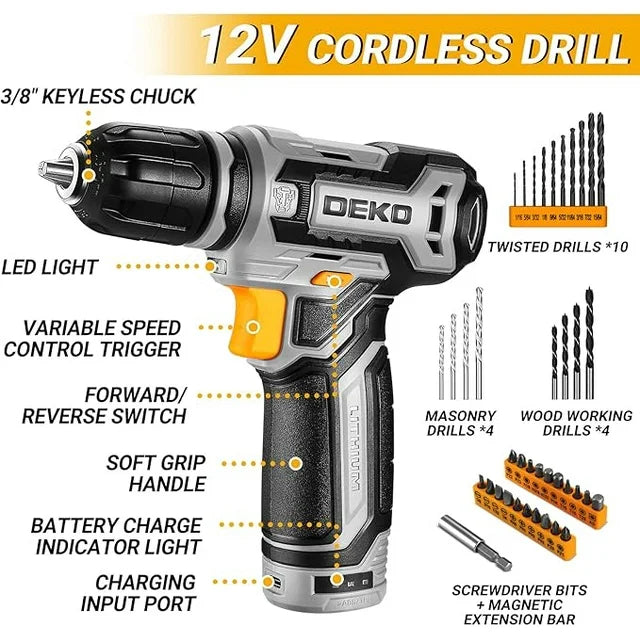 Power Drill Tool Set Kit: DEKOPRO Cordless Drill Tool Box with 12V Battery Electric Drill Driver for Home Hand Repair Power Tools Sets Drills Case