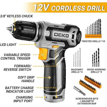 Power Drill Tool Set Kit: DEKOPRO Cordless Drill Tool Box with 12V Battery Electric Drill Driver for Home Hand Repair Power Tools Sets Drills Case