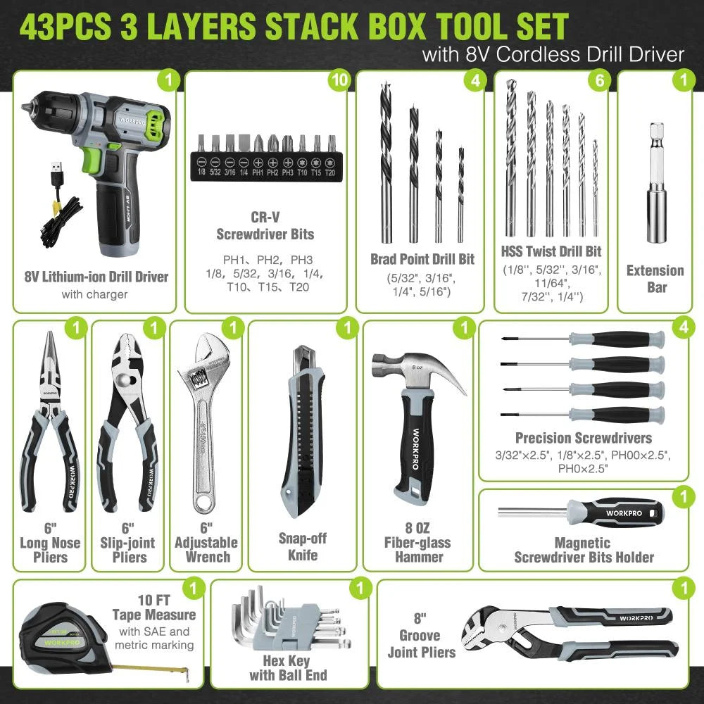 WORKPRO 43PCS Cordless Lithium-ion Drill Driver and Toolbox, 8V 2.0 Ah Power Drill Set with Household Hand Tool Kit, Battery Powered Screwdriver with Stackable Tool Box, Home Tool Set for Repair, DIY
