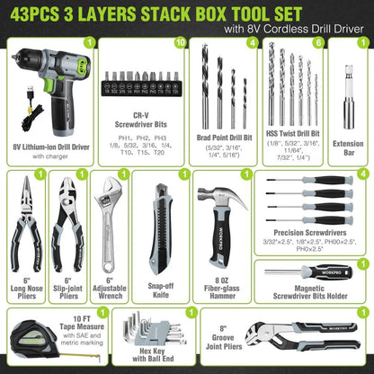WORKPRO 43PCS Cordless Lithium-ion Drill Driver and Toolbox, 8V 2.0 Ah Power Drill Set with Household Hand Tool Kit, Battery Powered Screwdriver with Stackable Tool Box, Home Tool Set for Repair, DIY