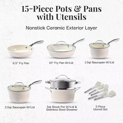 Gotham Steel Hammered 15 pc Cream Ultra-Ceramic Nonstick Cookware Set with Utensils