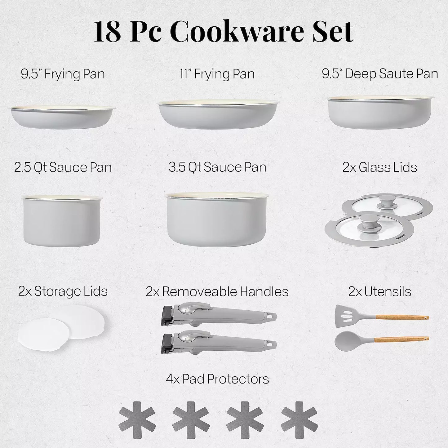 Gotham Steel 18-Piece Ceramic Nonstick Detachable Handle Cookware Set