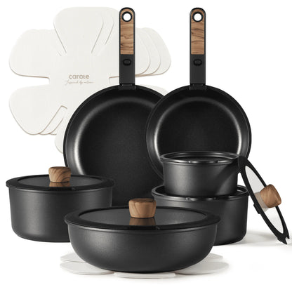 Carote 18 Pcs Nonstick Cookware Sets, Non Stick Pots and Pans with Removable Handle, Black