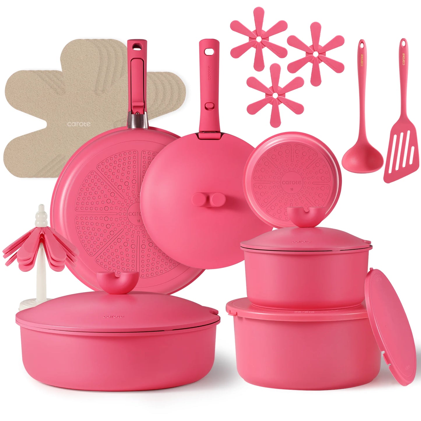 Carote 24Pcs Nonstick Pink Cookware Sets W/ Die-Cast Lid, Detachable Pots and Pans Set Non Stick