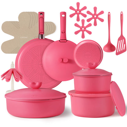 Carote 24Pcs Nonstick Pink Cookware Sets W/ Die-Cast Lid, Detachable Pots and Pans Set Non Stick