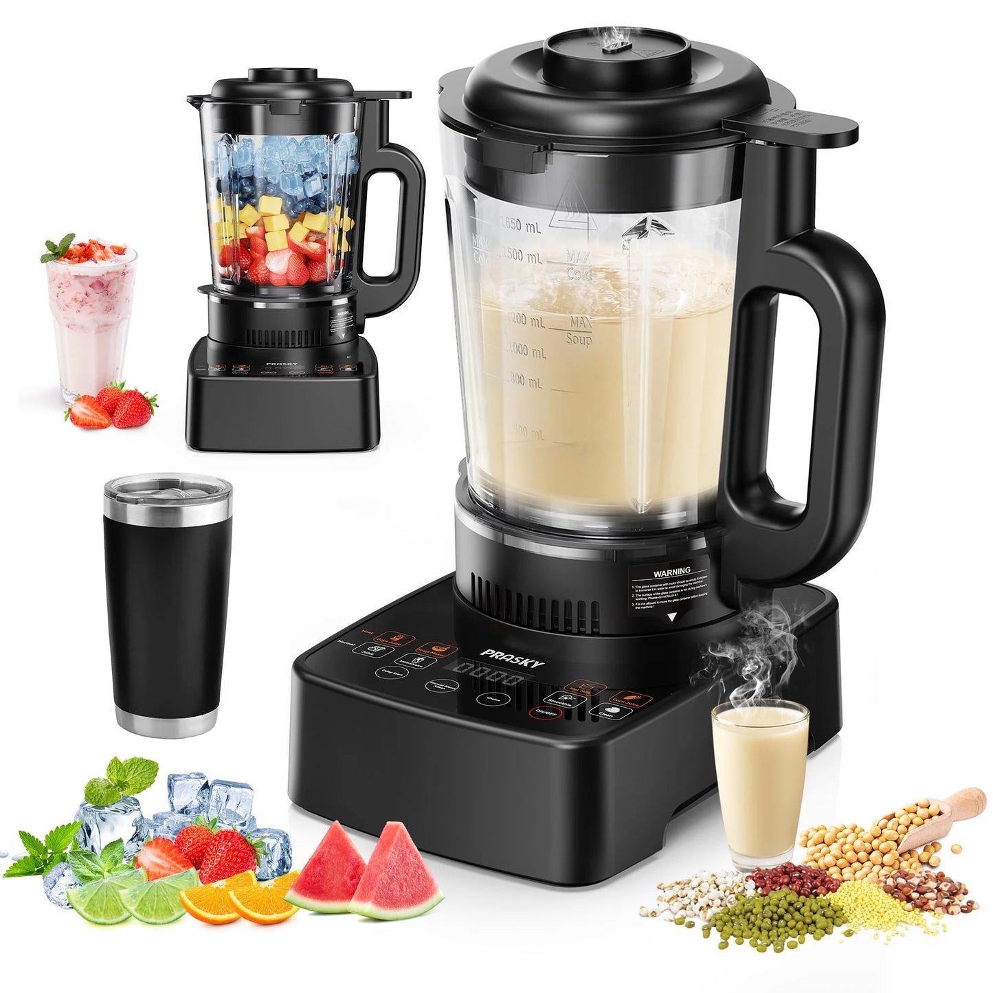 PRASKY Countertop Blender with Heating, 53Oz Glass Jar, 1000W Blender for Smoothie, Nut Milk, Soup