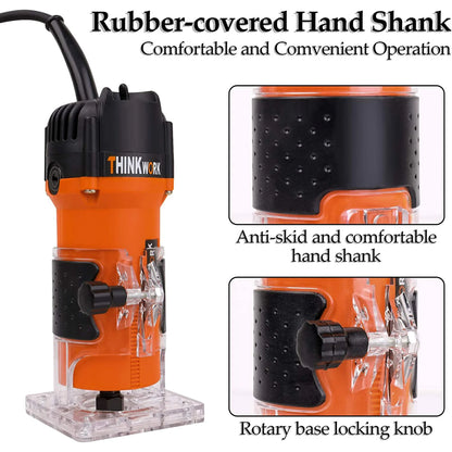 THINKWORK Compact Wood Router | 6.5-Amp 1.25HP Palm Router with 15-Piece 1/4" Router Bits Set & Accessories | 30000 RPM for Wood Trimming, DIY & Professional Projects
