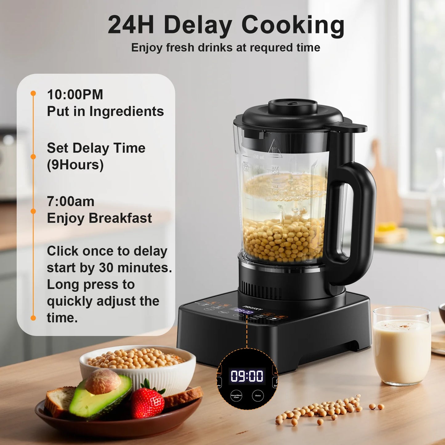 PRASKY Countertop Blender with Heating, 53Oz Glass Jar, 1000W Blender for Smoothie, Nut Milk, Soup