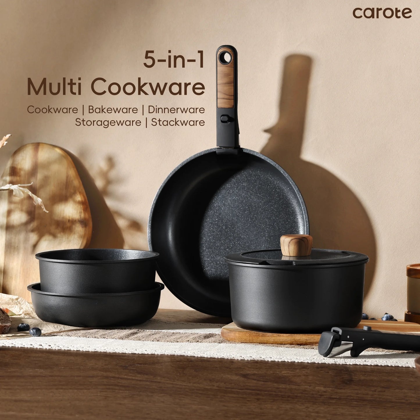 Carote 18 Pcs Nonstick Cookware Sets, Non Stick Pots and Pans with Removable Handle, Black