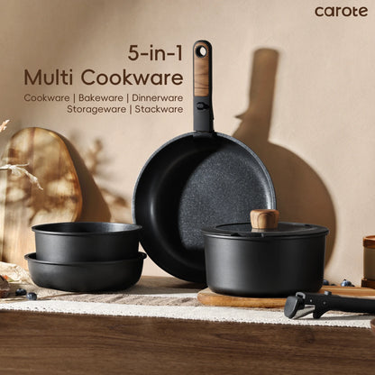 Carote 18 Pcs Nonstick Cookware Sets, Non Stick Pots and Pans with Removable Handle, Black