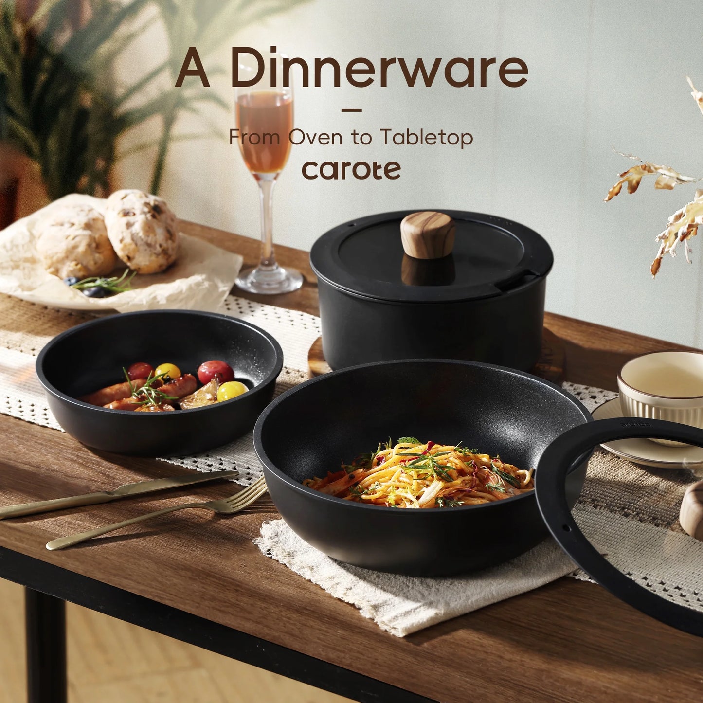 Carote 18 Pcs Nonstick Cookware Sets, Non Stick Pots and Pans with Removable Handle, Black