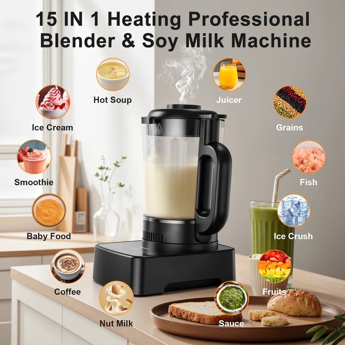 PRASKY Countertop Blender with Heating, 53Oz Glass Jar, 1000W Blender for Smoothie, Nut Milk, Soup