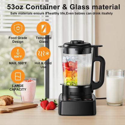 PRASKY Countertop Blender with Heating, 53Oz Glass Jar, 1000W Blender for Smoothie, Nut Milk, Soup